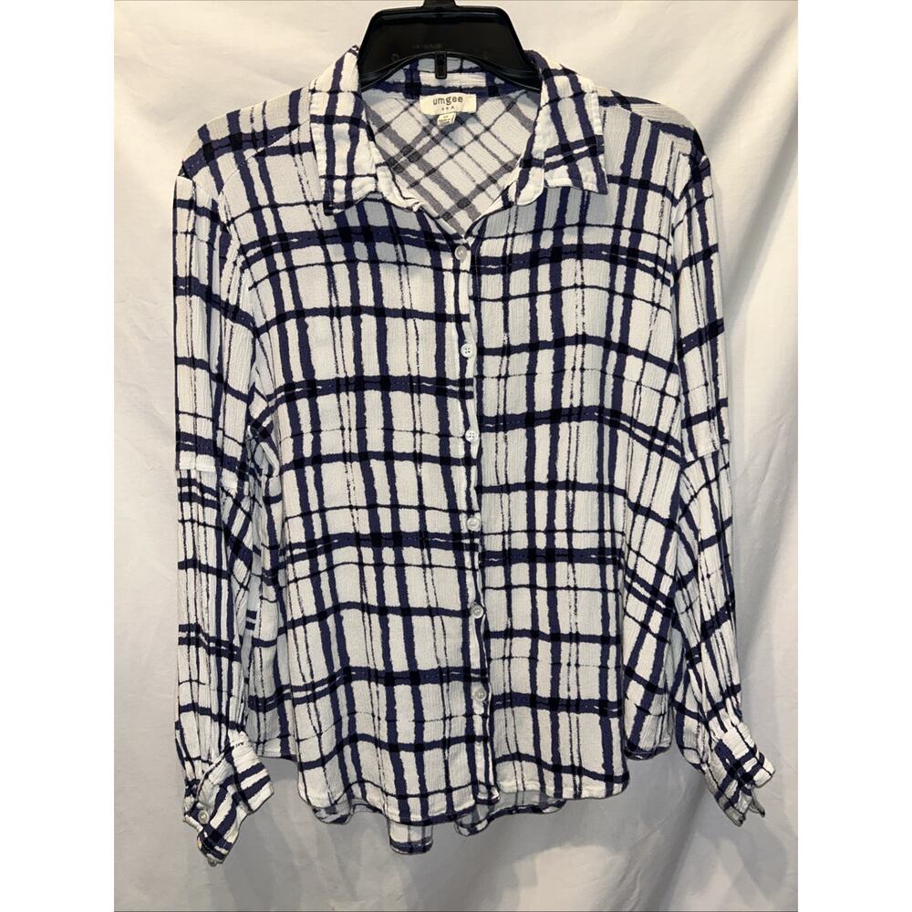 Umgee Button Up Women’s Med Tye Dye Plaid Crinkle Gauze Shirt Navy White Hipster
